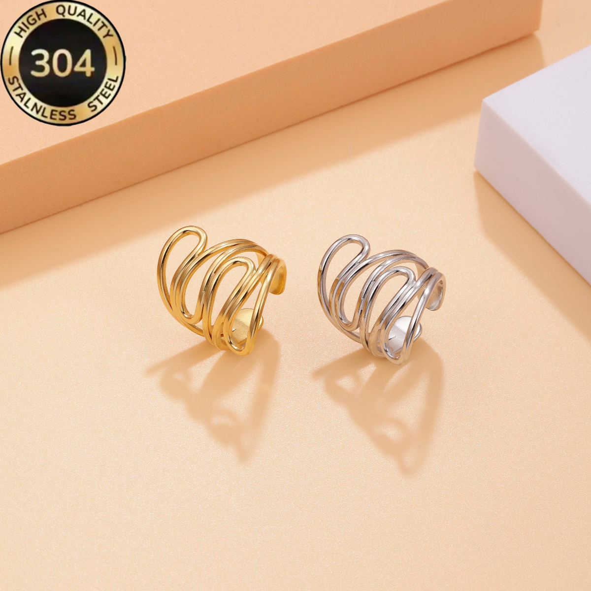 Women's Irregular Line Open Ring, 304 Stainless Steel Polished Finish
